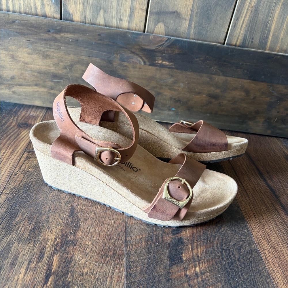 Papillio Cognac Brown Suede Wedge Sandals with Buckles